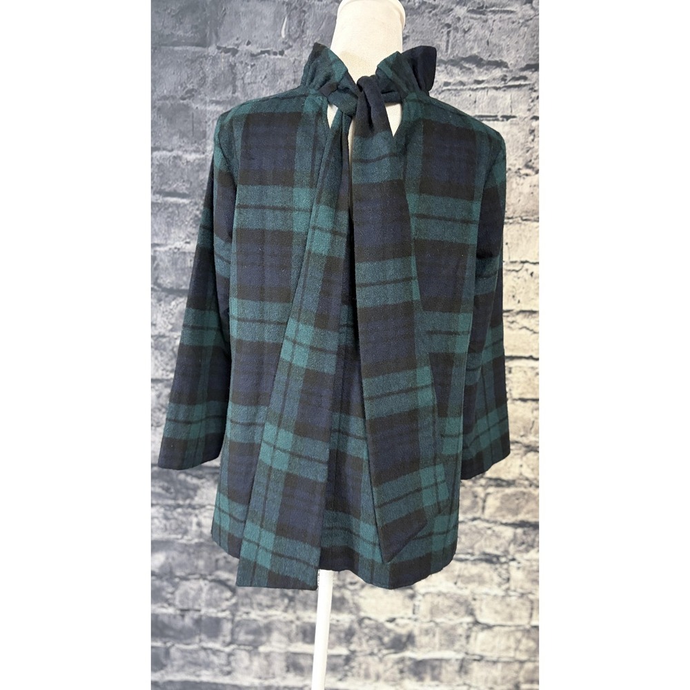 Tuckernuck Blouse Womens M Green Plaid Ruffle High Neck 3/4 Sleeve Top - Picture 3 of 13